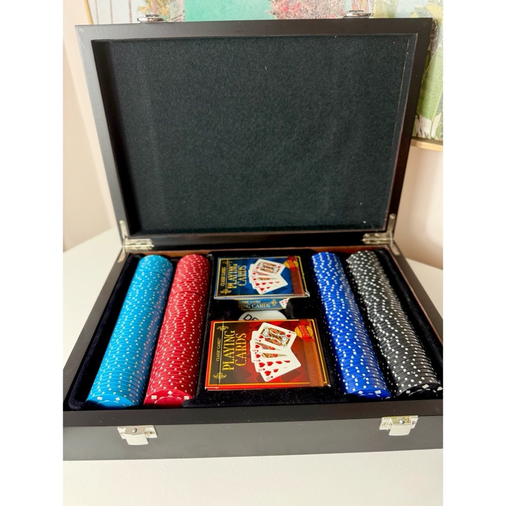 Ambassador Deluxe Poker Chip Set Wood Veneer Case Casino Game Night Gift OS